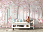 Fairy Forest Wall Mural with whimsical fairies, unicorns, cherry blossoms, and woodland scenery, perfect for a magical-themed children's room.