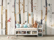 Forest trees wall mural featuring hand-drawn birch trees with colorful birds and leaves, ideal for nursery or baby room decor.