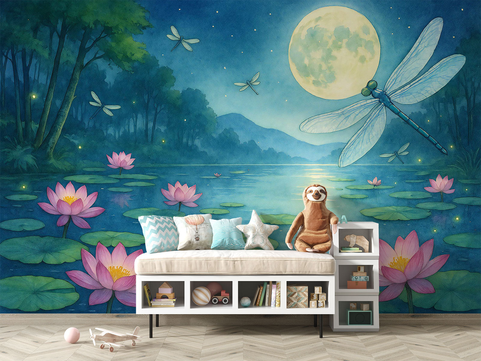 Enchanting pond wall mural with glowing fireflies, dragonflies, and pink water lilies in a magical forest setting