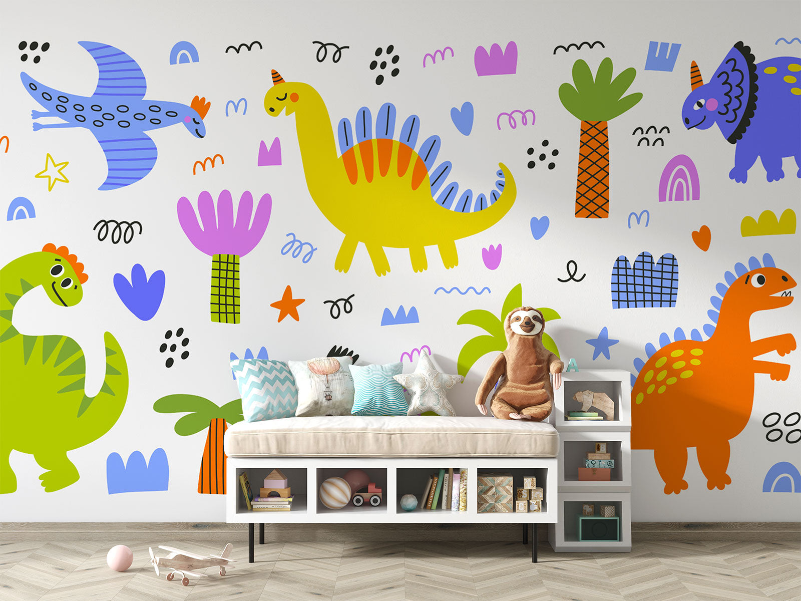 A colorful dinosaur wall mural with playful hand-drawn dinos, palm trees, and doodles, perfect for kids' rooms and nurseries.