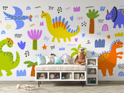 A colorful dinosaur wall mural with playful hand-drawn dinos, palm trees, and doodles, perfect for kids' rooms and nurseries.