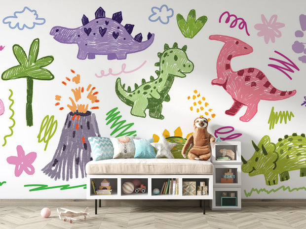 Bright and playful dinosaur doodle mural featuring colorful, crayon-style dinos, volcanoes, and prehistoric plants for a kids' room.
