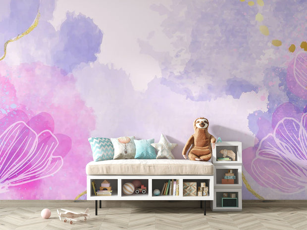Watercolor flower-themed mural in pink, purple, and lavender with gold accents, decorating kid's playroom.