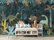 Dark jungle dinosaur wall mural featuring whimsical dinosaurs, exotic plants, and a deep green forest setting, perfect for nurseries and kids’ rooms.