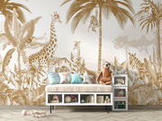 A sophisticated golden jungle wall mural with giraffes, monkeys, and zebras in lush tropical foliage, designed for a safari-themed kid's room or nursery.