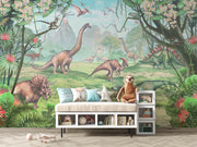 Jurassic Dinosaur Wall Mural – Realistic Prehistoric Scene with Brachiosaurus, Triceratops, and Velociraptors in a Lush Green Landscape for Kids' Rooms.