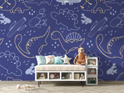 Navy blue dinosaur wall mural with outlined dinos, cacti, and doodles in a playful, modern style—perfect for kids' rooms.