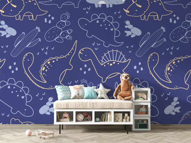 Navy blue dinosaur wall mural with outlined dinos, cacti, and doodles in a playful, modern style—perfect for kids' rooms.