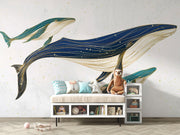 Line art whale mother with children wall mural decorating a kids' room.