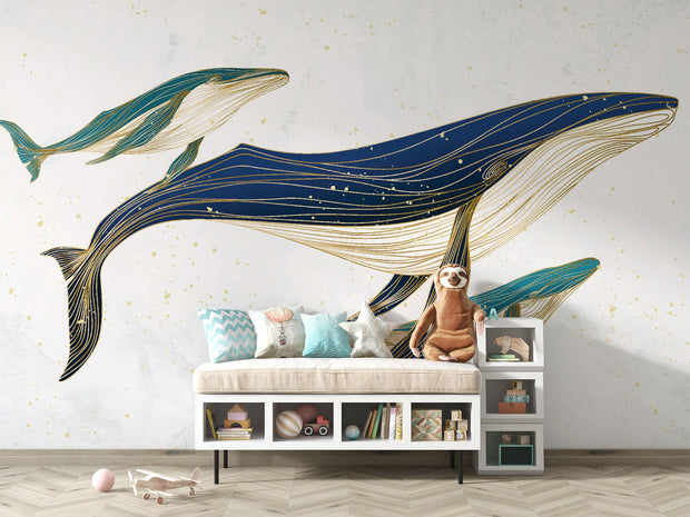 Line art whale mother with children wall mural decorating a kids' room.