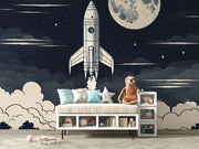 Cartoon Spaceship Wall Mural decorating kids bedroom.