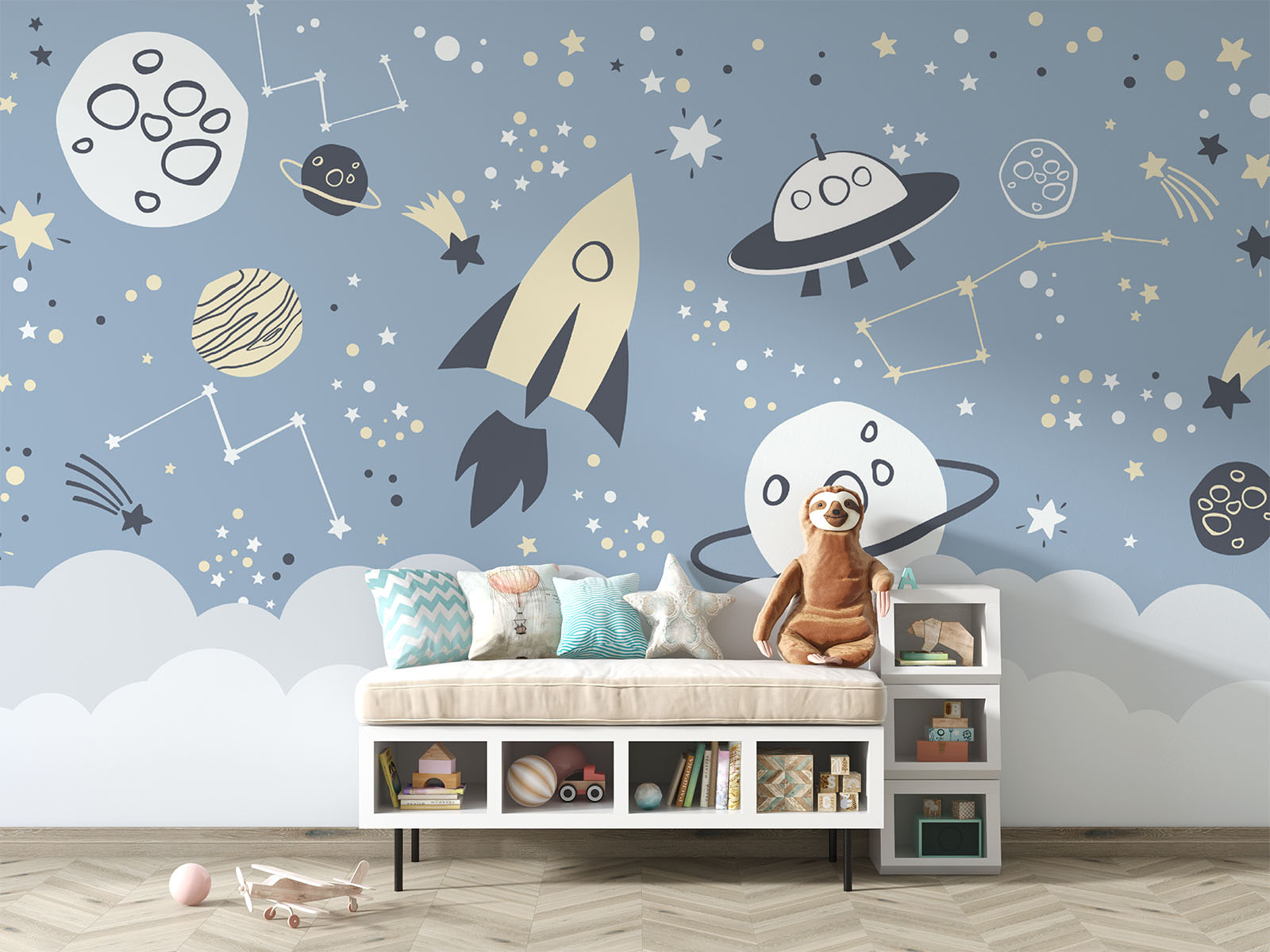Space-themed wall mural with rocket, UFOs, planets, and constellations on a blue sky background—ideal for kids' room décor.