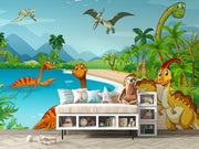 Colorful dinosaur adventure wall mural featuring friendly prehistoric dinosaurs, tropical landscapes, and a bright blue sky, perfect for kid's bedrooms and playrooms.