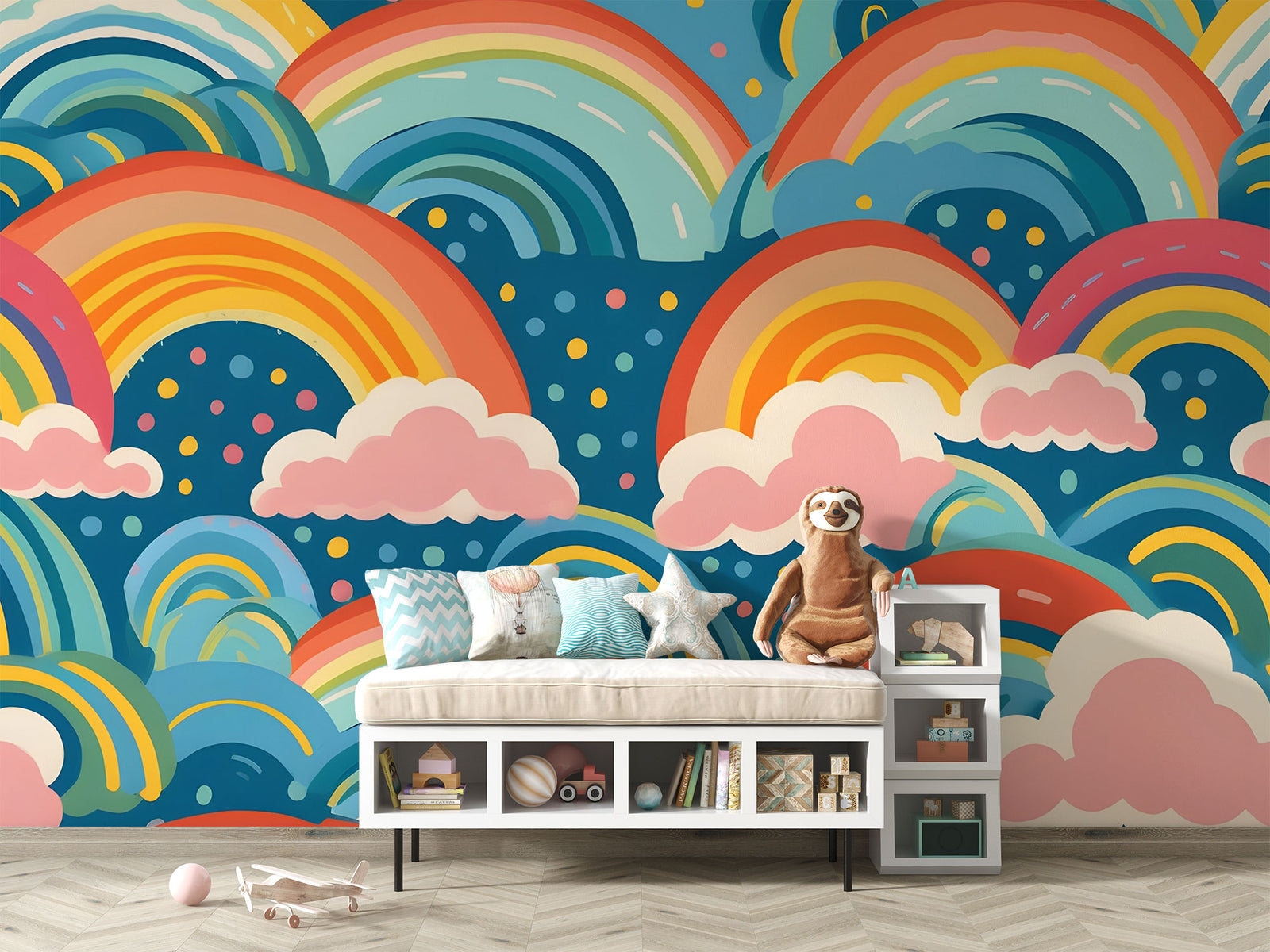 Bold and colorful rainbow wall mural with pink clouds and blue background, decorating kids playroom.
