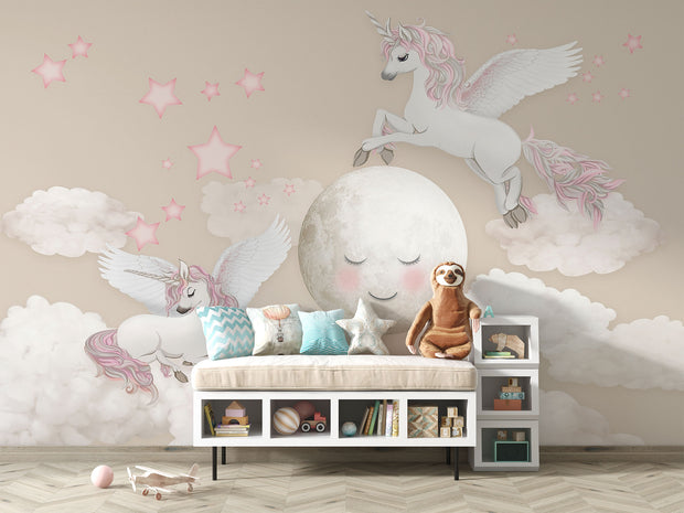 Whimsical Unicorn and Moon Wall Mural with flying unicorns, a smiling moon, pink stars, and fluffy clouds. Perfect fantasy decor for children's rooms.