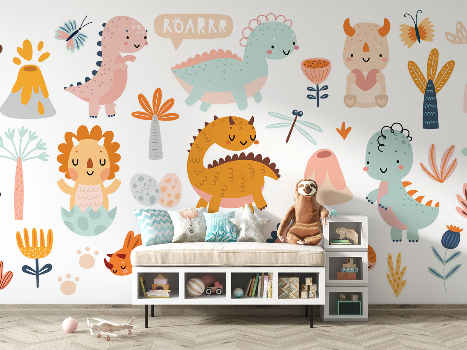 Cute pastel dinosaur mural featuring friendly dino characters, volcanoes, and nature elements for a fun and modern kids' room.