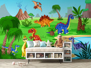 Bright and colorful dinosaur mural featuring friendly cartoon dinosaurs, volcanoes, and lush jungle scenery for a playful kids' room.