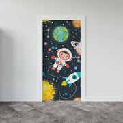 Space-themed door mural featuring a cute astronaut, rocket ship, planets, and stars – perfect for kids' bedrooms and playrooms.