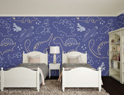 Navy blue dinosaur wall mural with outlined dinos, cacti, and doodles in a playful, modern style—perfect for kids' rooms.