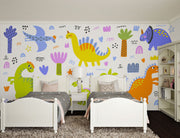 A colorful dinosaur wall mural with playful hand-drawn dinos, palm trees, and doodles, perfect for kids' rooms and nurseries.