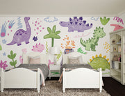 Bright and playful dinosaur doodle mural featuring colorful, crayon-style dinos, volcanoes, and prehistoric plants for a kids' room.