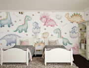 Watercolor dinosaur wall mural featuring pastel-colored dinos, dino eggs, and footprints for a fun nursery or kids' room.