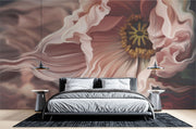 Dramatic macro flower wall mural featuring blush pink anemone with flowing petals, styled in minimalist bedroom.