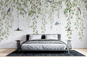 Willow Branches Wall Mural – A serene nature-inspired wallpaper featuring cascading willow branches and birds on a soft background.