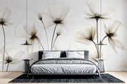Elegant transparent floral wall mural with delicate, translucent flowers in soft neutral tones, perfect for modern minimalist interior decor.
