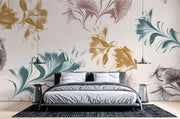 Abstract watercolor floral wall mural with oversized botanical patterns in gold, teal, and taupe tones, perfect for modern and artistic interior decor.