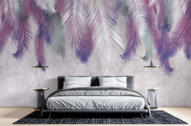 Modern Tropical Palm Leaf Wall Mural – Ombre Gradient Botanical Wallpaper with Cascading Palm Fronds in Purple, Green, and White Over a Textured Background.