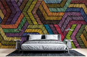 Modern rainbow geometric wall mural with textured chevron pattern, styled in modern bedroom.