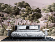 Serene Woodland Wall Mural depicting a lush forest with misty trees in soft green tones, perfect for creating a tranquil bedroom atmosphere.