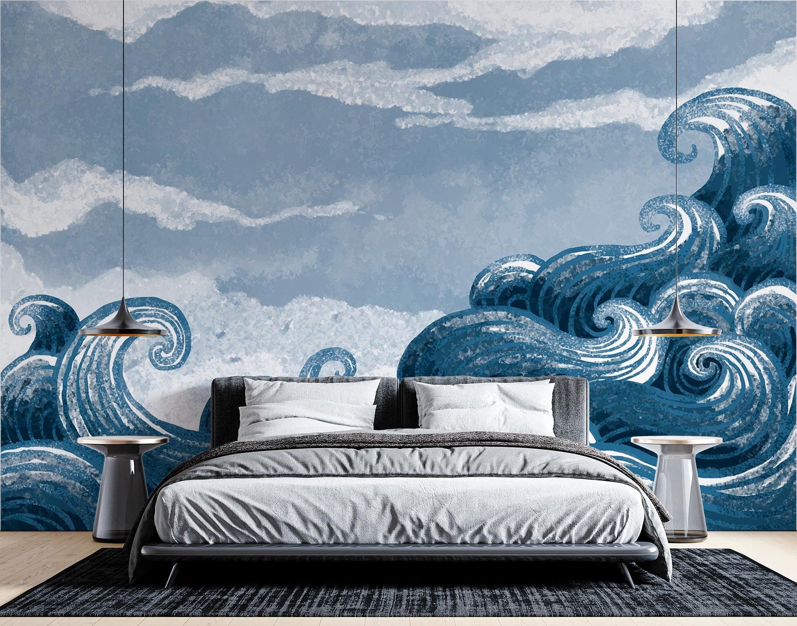 Wave-themed wall mural with dynamic blue ocean waves and cloudy skies, decorating a modern bedroom with a sleek bed, contemporary lighting and a dark rug.