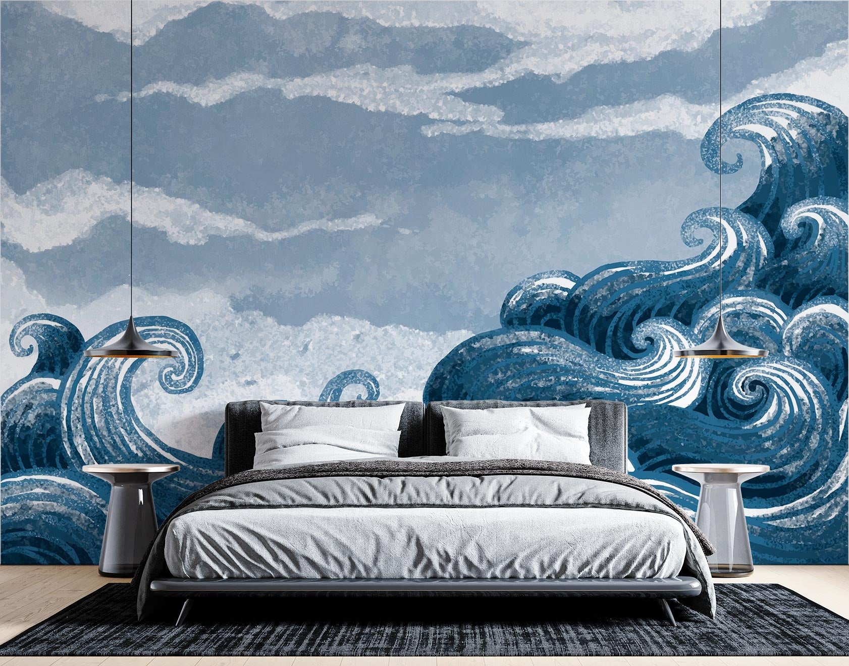 Wave-themed wall mural with dynamic blue ocean waves and cloudy skies, decorating a modern bedroom with a sleek bed, contemporary lighting and a dark rug.