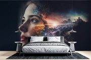 Cosmic Vision Wall Mural – Surreal Galaxy Wallpaper Featuring a Female Face Blending with a Nebula, Stardust, and Cosmic Light for Dreamy & Futuristic Interiors.