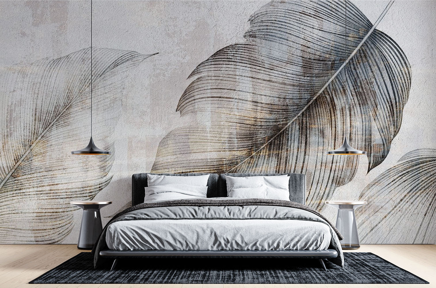 Textured feather wall mural in neutral grey and beige tones, featuring oversized artistic feather details, perfect for modern and minimalist interiors.