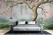 Elegant blooming tree mural with pastel flowers, flowing branches, and a dreamy misty background, perfect for nature-inspired interior decor.