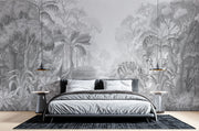 Monochrome Jungle Wall Mural featuring lush grayscale tropical foliage with intricate details, perfect for a calming modern space.