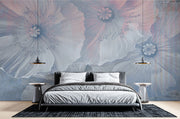 Ethereal large-scale poppy wall mural in soft blues and pinks, styled in a modern minimalist bedroom.