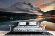 Escape into nature with the Majestic Mountain Lake Wall Mural. Featuring a serene mountain reflection at sunset, perfect for bedrooms and living spaces.