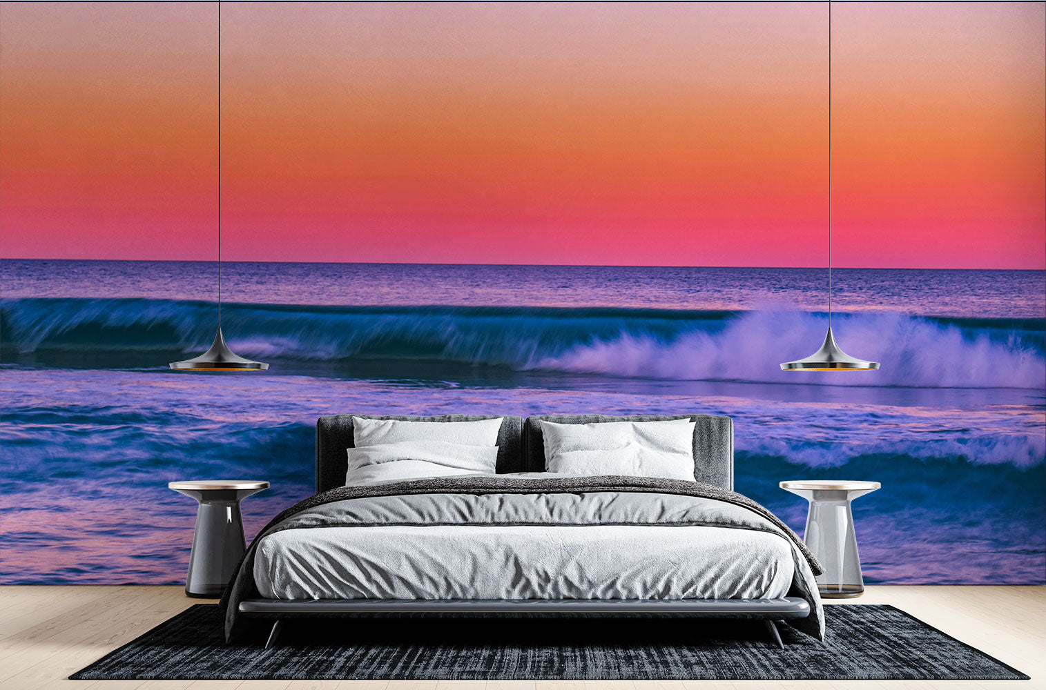 Tropical Ocean Sunset Wall Mural – Vibrant Seascape Wallpaper Featuring Rolling Waves, a Pink-Orange Twilight Sky, and a Relaxing Coastal Ambiance for Modern Interiors.