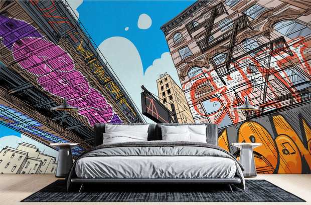 Urban cityscape wall mural with graffiti, comic-style illustration of skyscrapers and underpass, modern street art wallpaper for bedroom or living room decor.