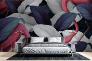 Elegant Tropical Flamingo Wall Mural – Exotic Jungle Wallpaper Featuring Pink Flamingos and Oversized Botanical Leaves in Navy, Silver, and Green for Modern Interiors.