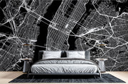 Black and white city map wall mural with detailed urban street layout, perfect for modern bedroom or office decor.