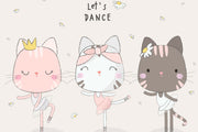 Adorable cat ballerina mural in soft pastel colors, showing three dancing cats in tutus with the phrase "Let's Dance" .