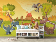 Colorful dinosaur wall mural with smiling dinosaurs, erupting volcanoes, and a sunny prehistoric landscape for kids' rooms and nurseries.