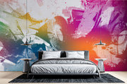Vibrant pop art graffiti wall mural with halftone textures in orange, pink, blue, and yellow. Ideal for urban-style interiors, modern offices, and loft spaces.