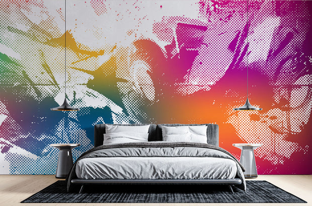 Vibrant pop art graffiti wall mural with halftone textures in orange, pink, blue, and yellow. Ideal for urban-style interiors, modern offices, and loft spaces.