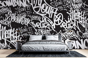 Black and white urban graffiti wall mural with bold typography, perfect for modern home or office decor.